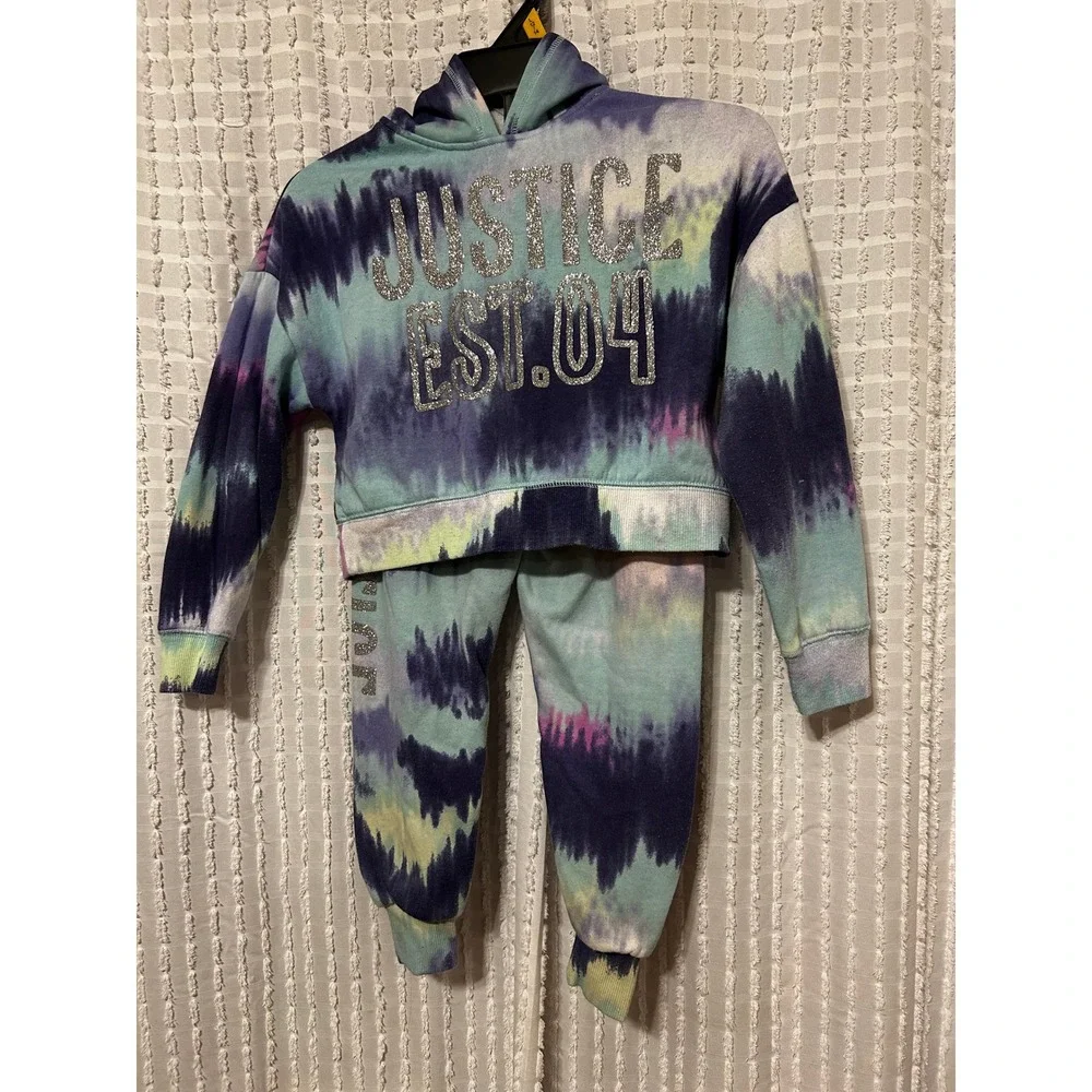 Justice Girls XS 5/6 Tie Dye Cropped Hoodie and Joggers Set Glitter Logo